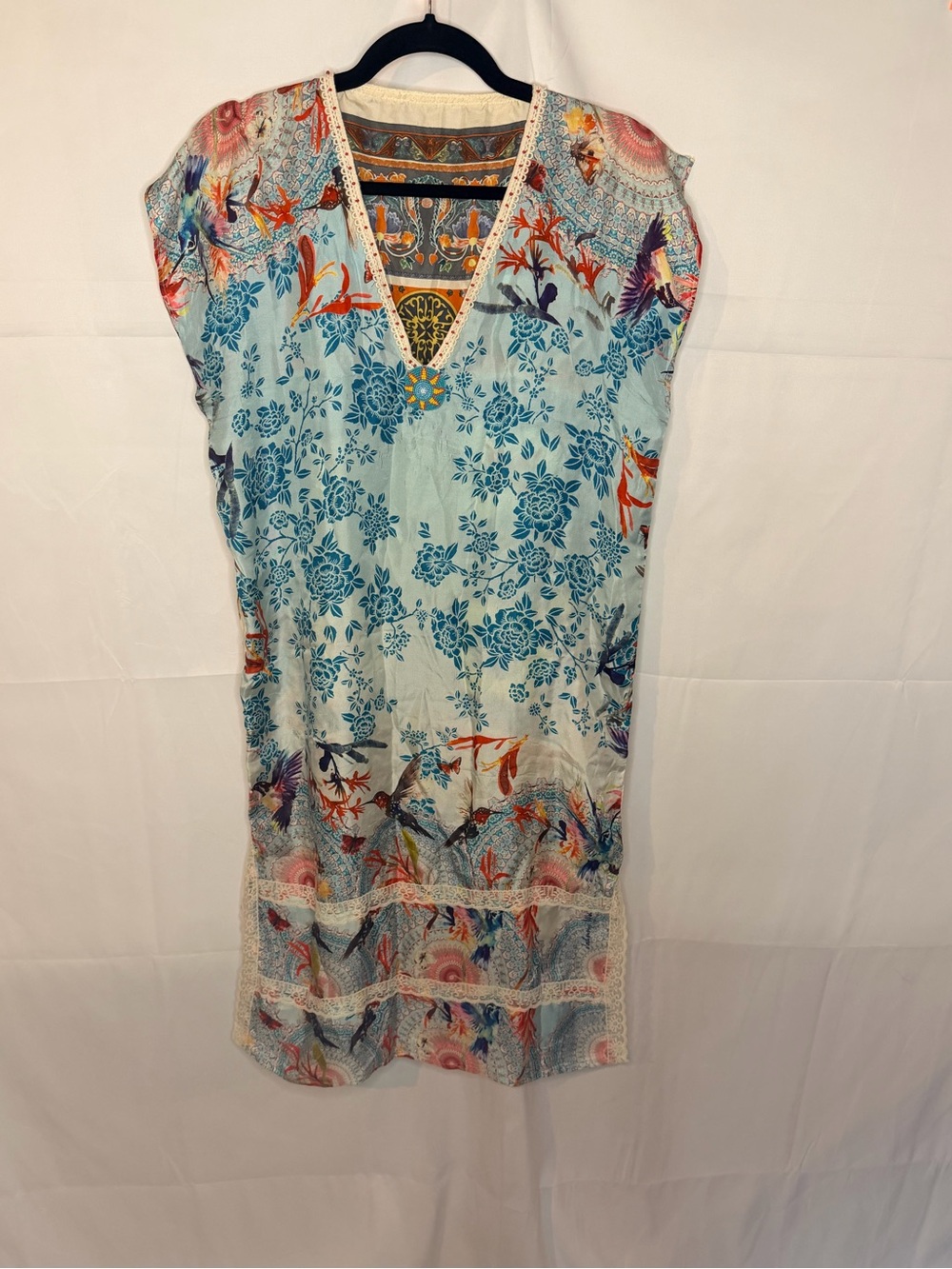 Johnny Was Light Blue Floral & Multicolor Bird Caftan Coverup